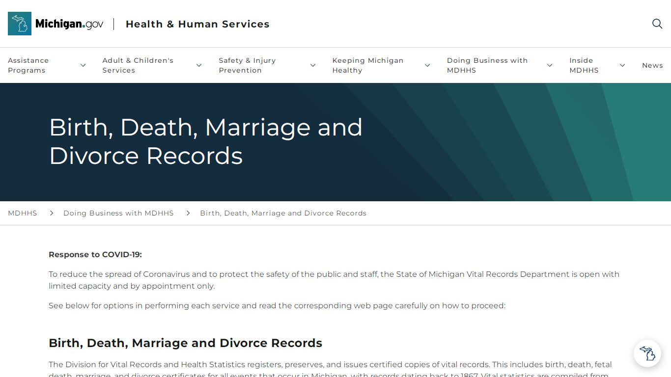 Birth, Death, Marriage and Divorce Records - Michigan